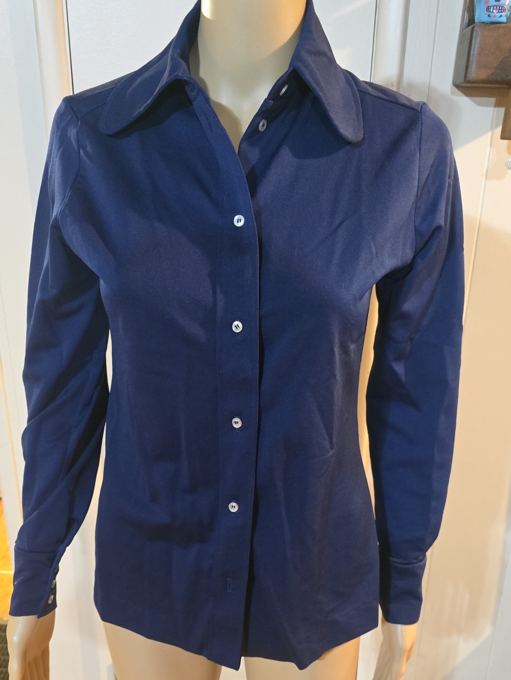 Vintage 60's Lee Mar Women's Navy Button-Down Shirt